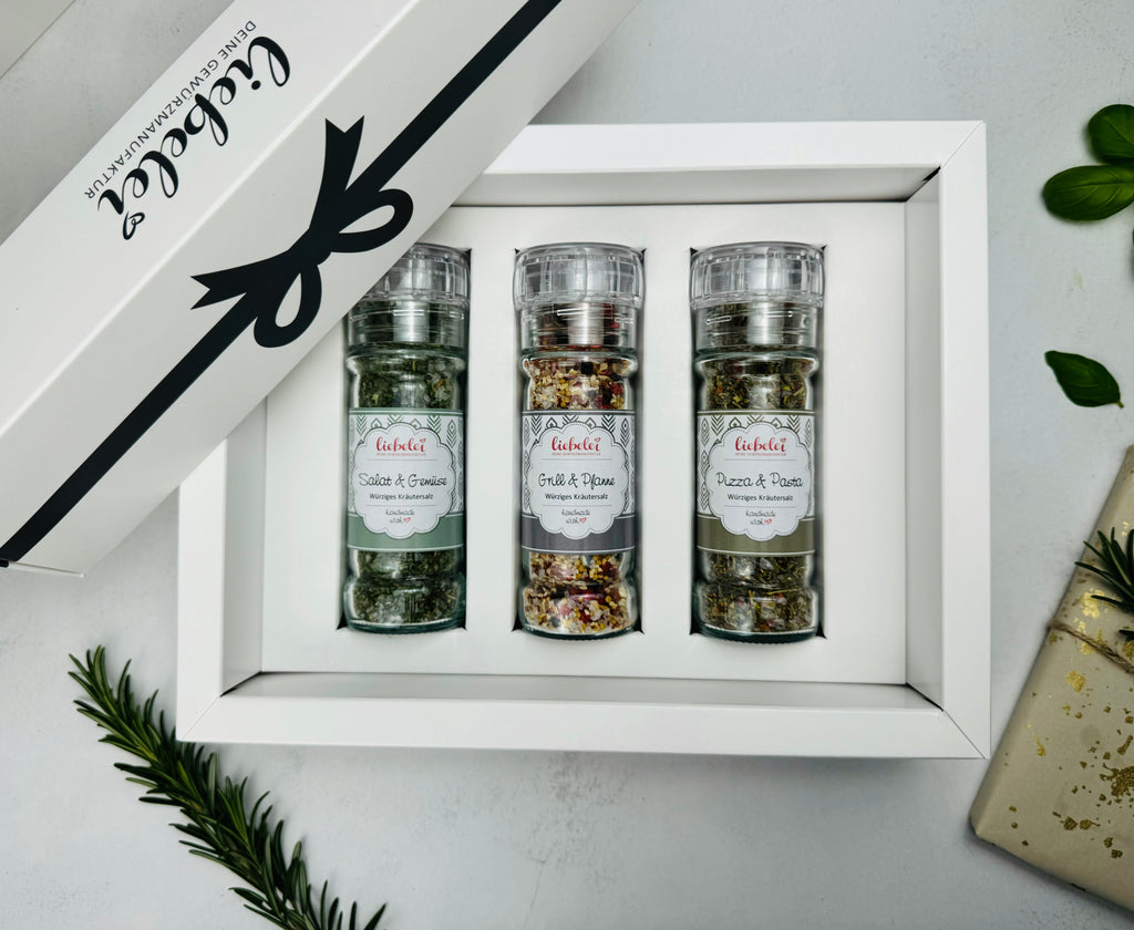 Geschenkset mit drei Gewürzmühlen