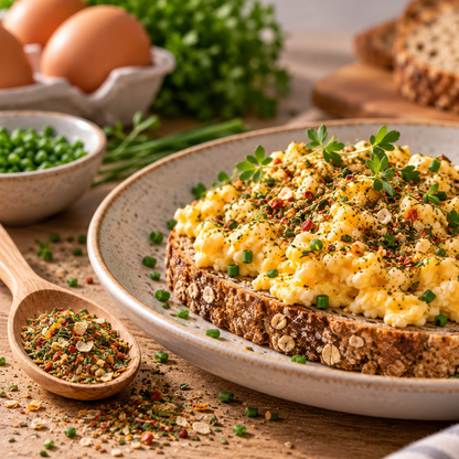 KI-generiert | Rührei auf einem Brot